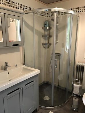 Regadera, secadora de cabello, jabón, papel de baño