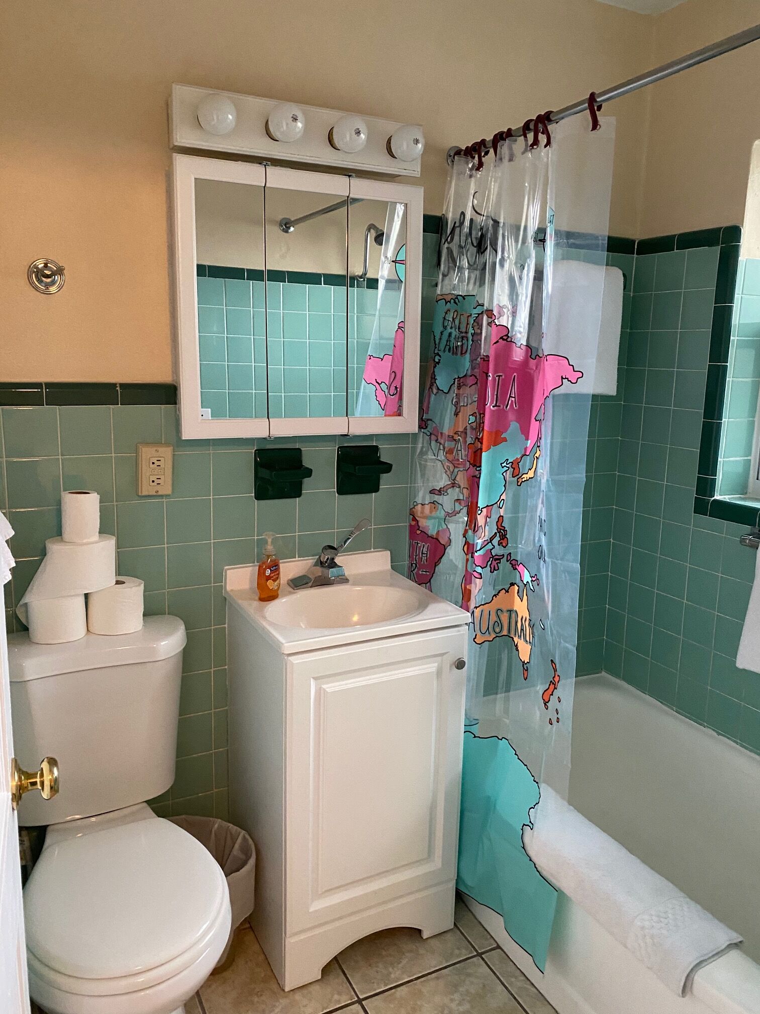 Een badkamer met toilet, wastafel en douchegordijn.
