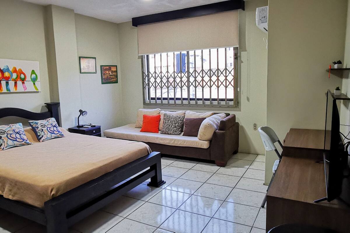 A bedroom with a bed, a sofa, a desk, and a TV.