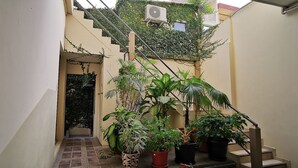 A narrow alleyway with a staircase leading to a building. There are several potted plants along the path. - Departamentos en Manta (Manta)