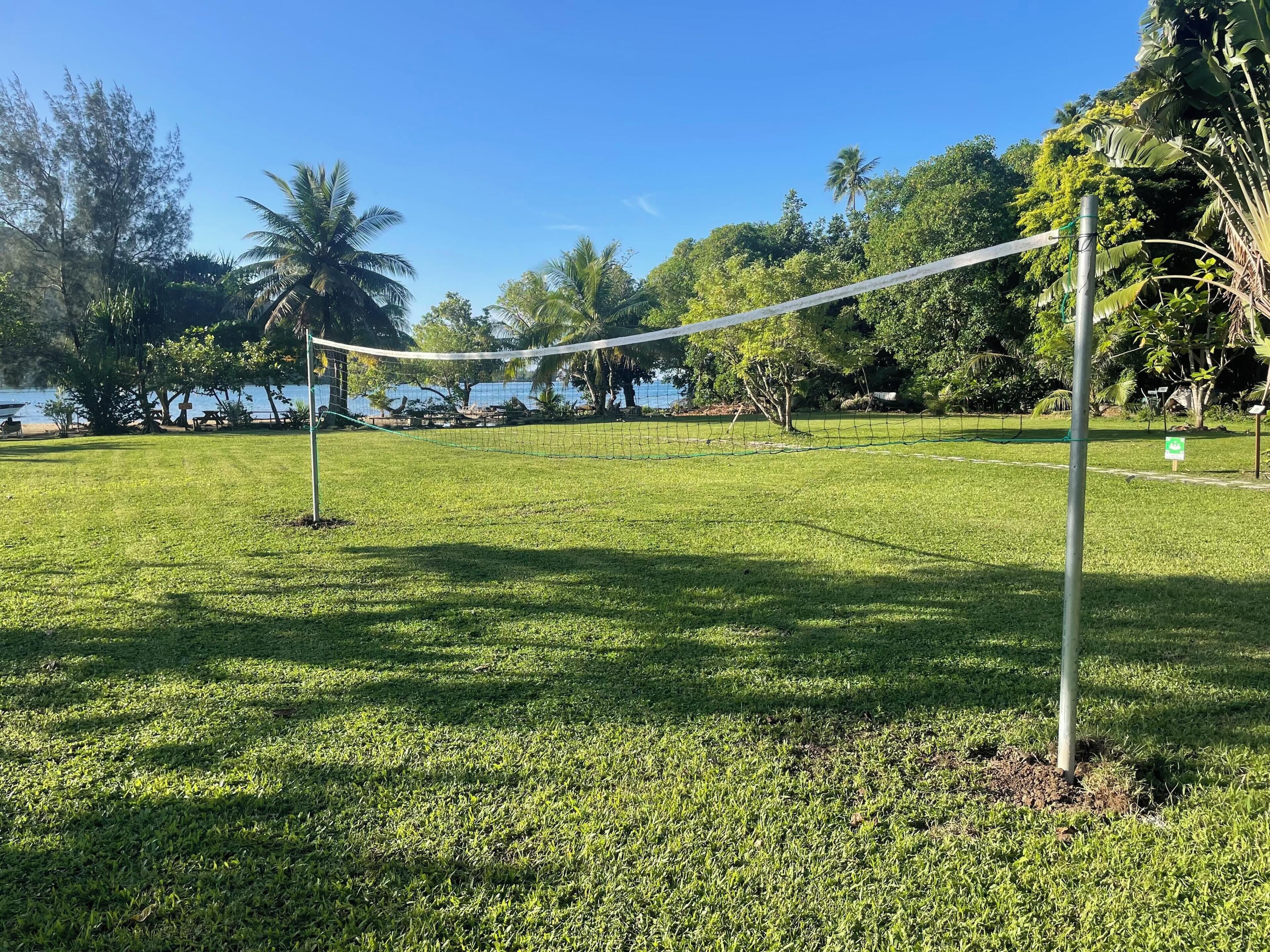 A grassy field with a volleyball net, trees, and a body of water in the background.