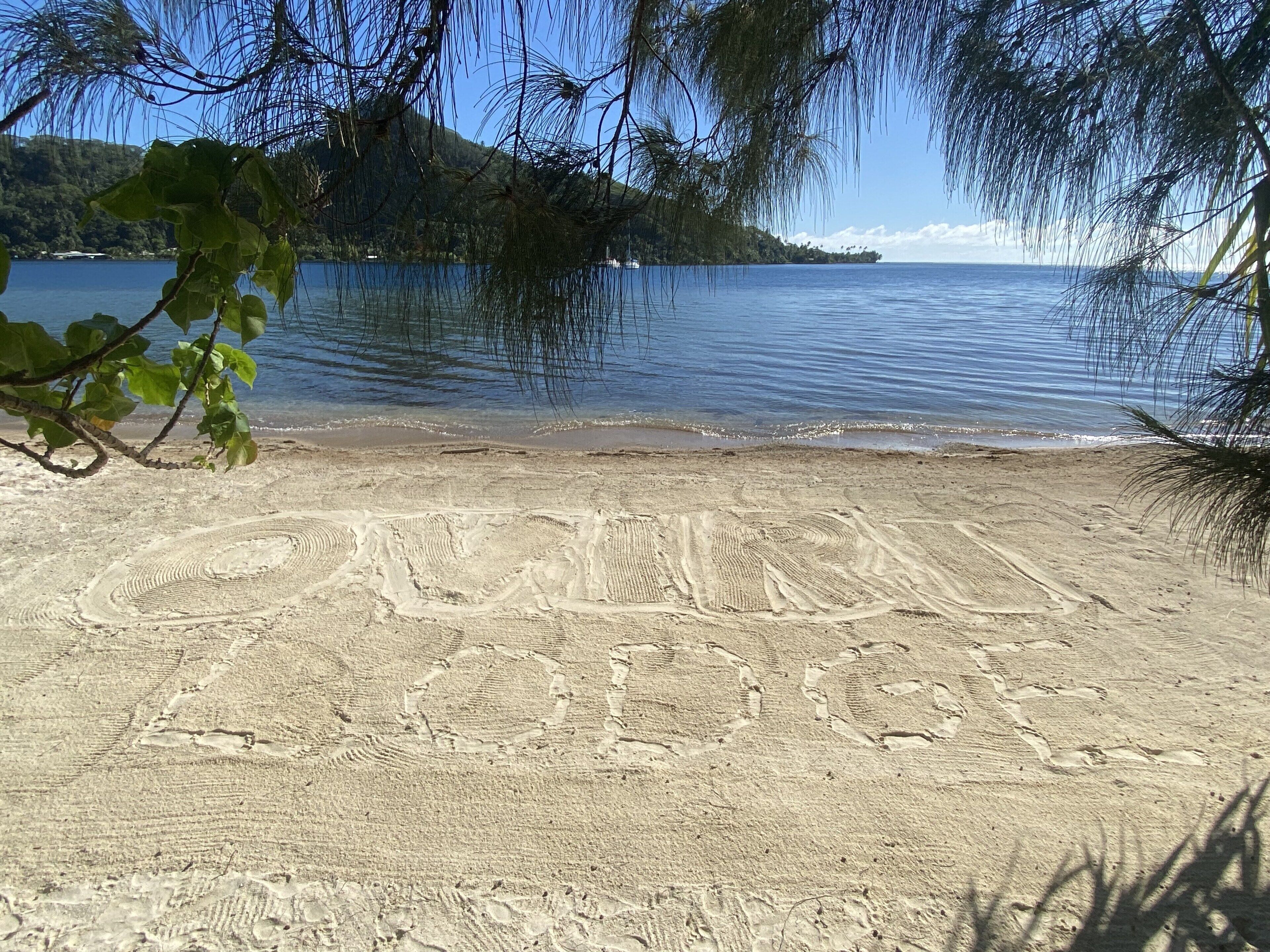 Une plage parsemée d’empreintes de pas, offrant une vue dégagée sur l’eau et les collines lointaines.