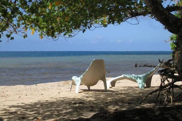 Plage privée, sable blanc, chaises longues, kayak