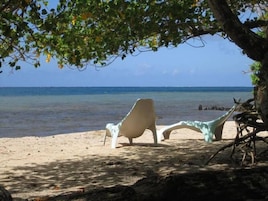 Escena de playa con una silla bajo un árbol, una hamaca y una vista despejada del océano.