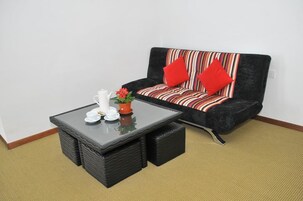 A room with a black sofa, red cushions, a striped blanket, a glass coffee table with a white teapot, cups, and a potted plant.