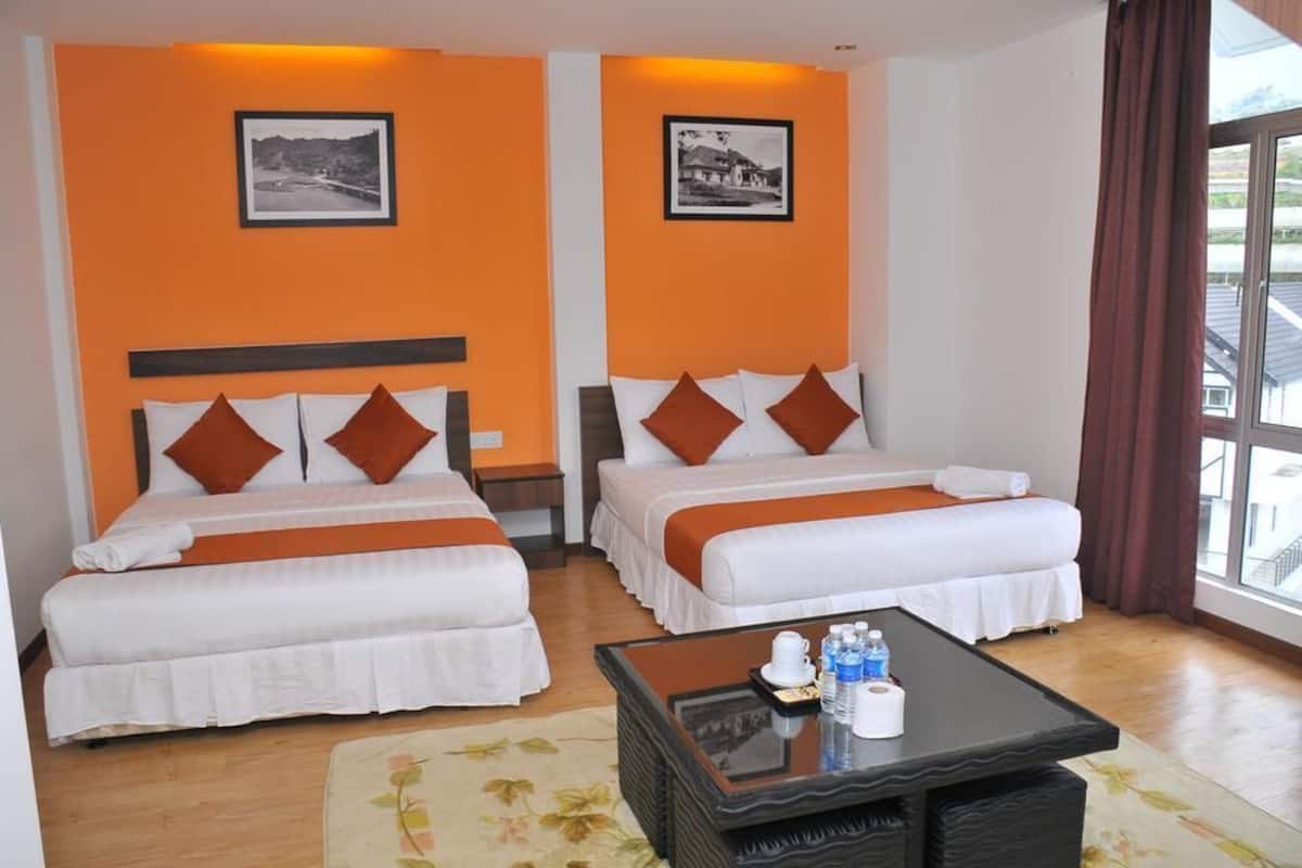 Une chambre d’hôtel avec deux lits, des murs orange, des tableaux encadrés, une table basse avec des articles de toilette et une vue par la fenêtre.
