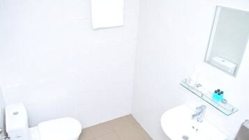 Shower, hydromassage showerhead, free toiletries, hair dryer