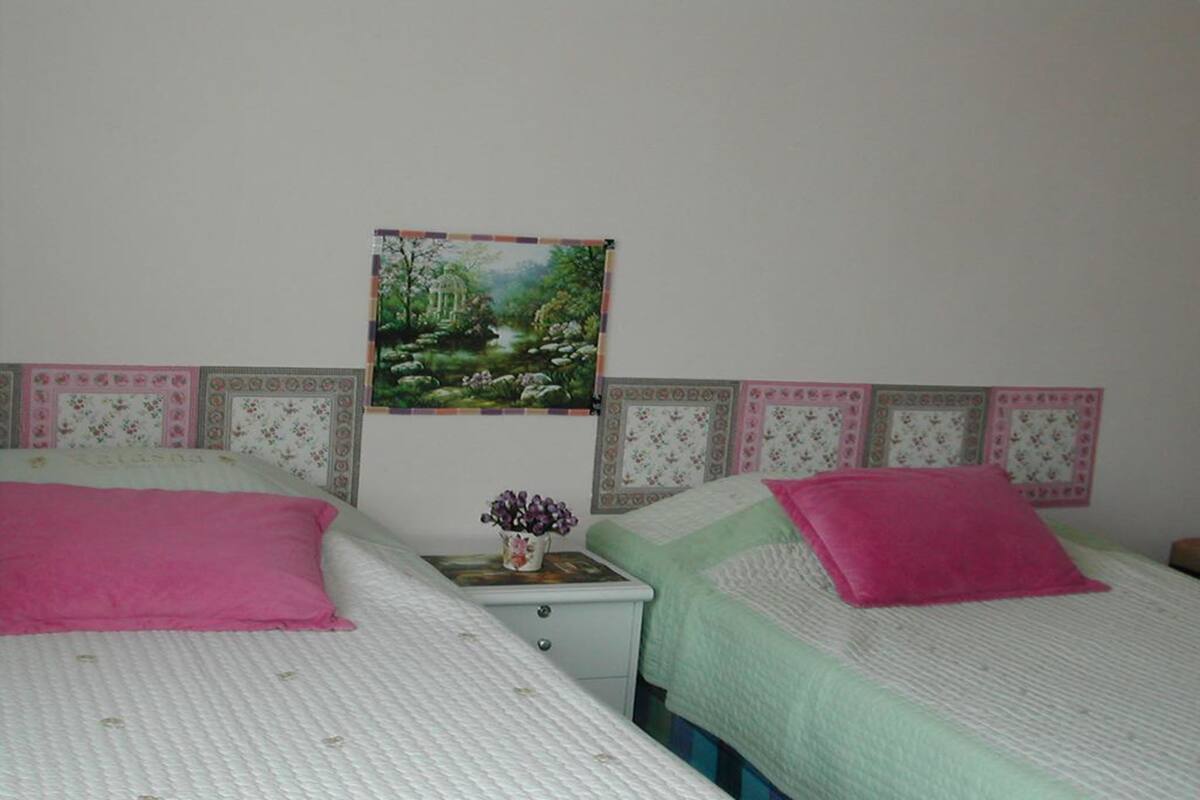 Un dormitorio con dos camas, cada una con una almohada rosa y un cabecero floral. Entre las camas hay una mesita de noche con un florero.