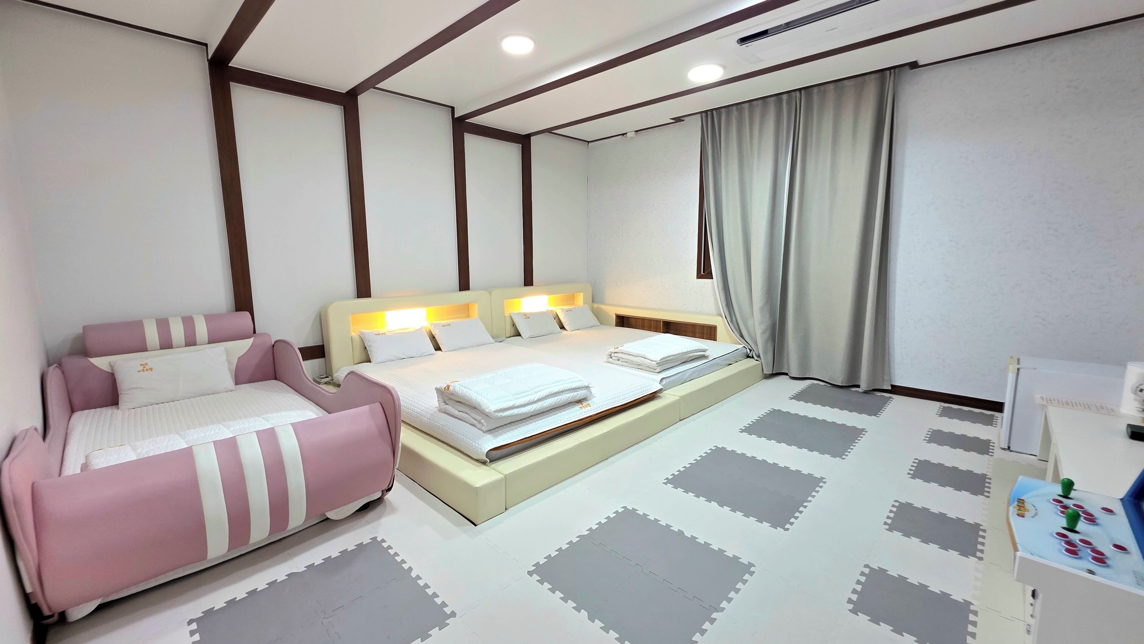 Individually decorated, laptop workspace, blackout drapes, soundproofing