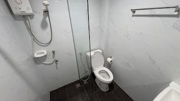 Shower, free toiletries, towels, soap