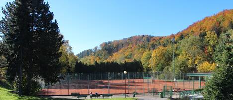 A tennis court with benches and a pathway leading to it, surrounded by trees and a hill.