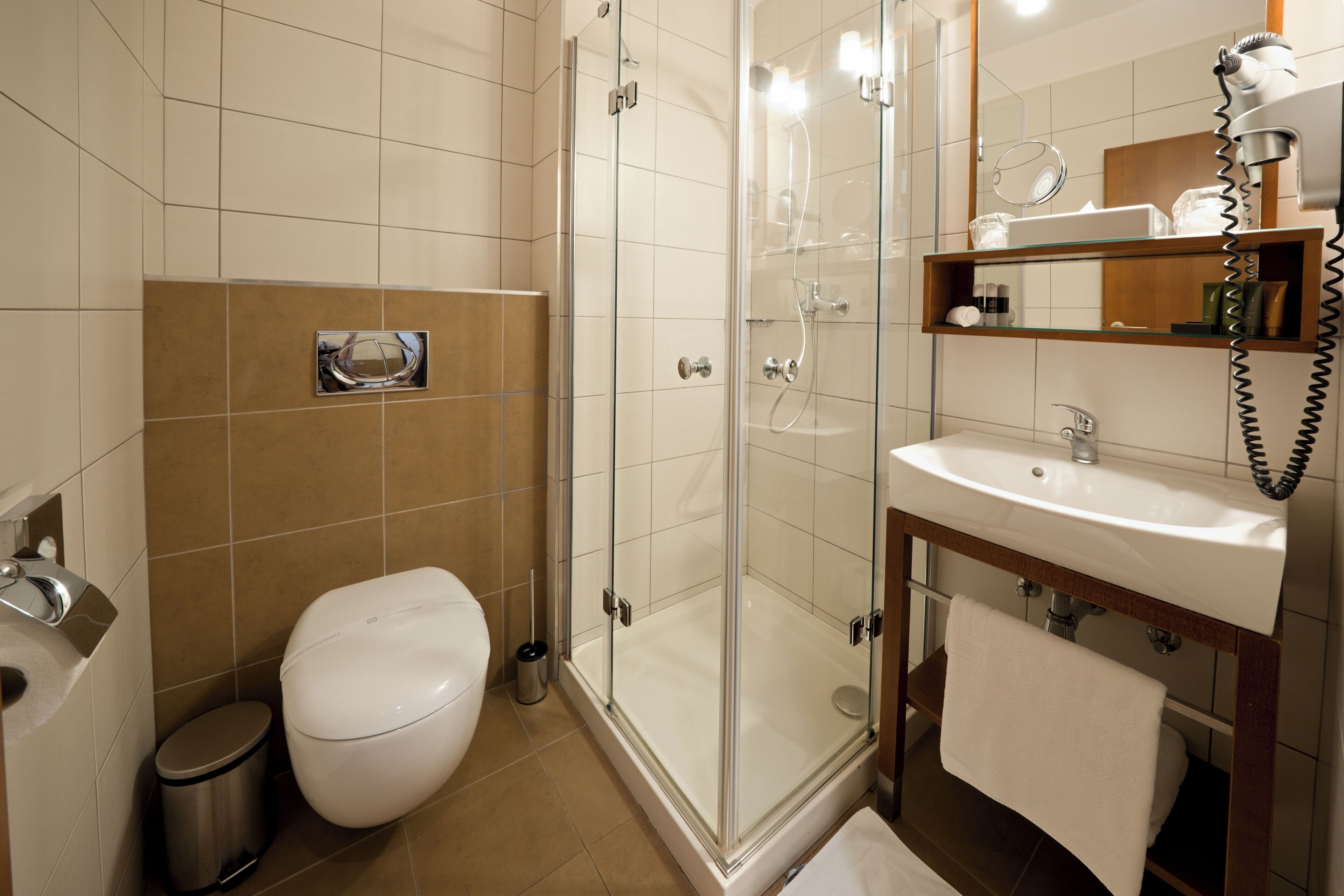 A modern bathroom with a glass-enclosed shower, a white toilet, a sink with a mirror, and a towel rack.