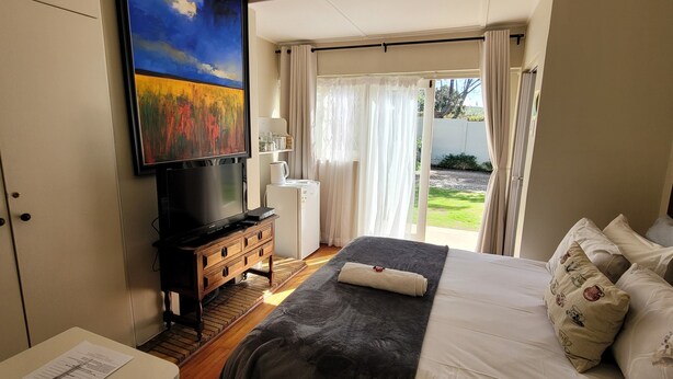 Una habitación de hotel con una cama, un televisor sobre un mueble de madera, un cuadro en la pared y vista al jardín por la ventana.