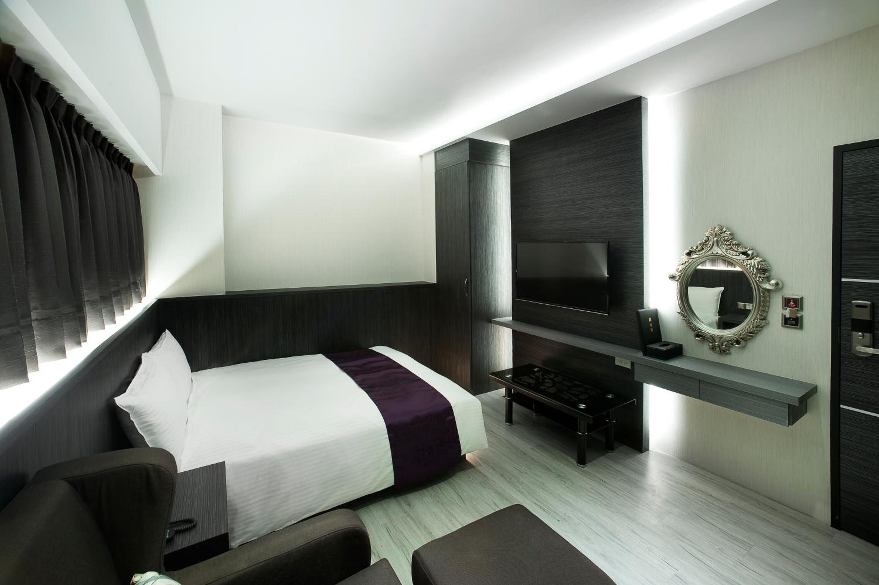 premium bedding, desk, blackout curtains, soundproofing