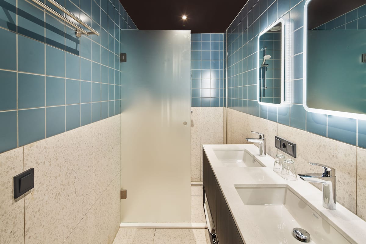 deluxe double room | bathroom | shower, free toiletries, hair dryer, towels