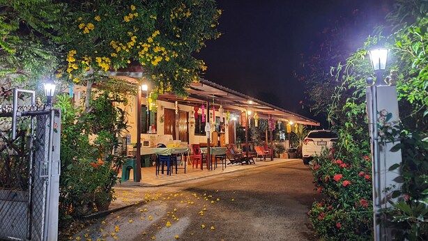 A restaurant with outdoor seating, a gated entrance, and a pathway with scattered flower petals.