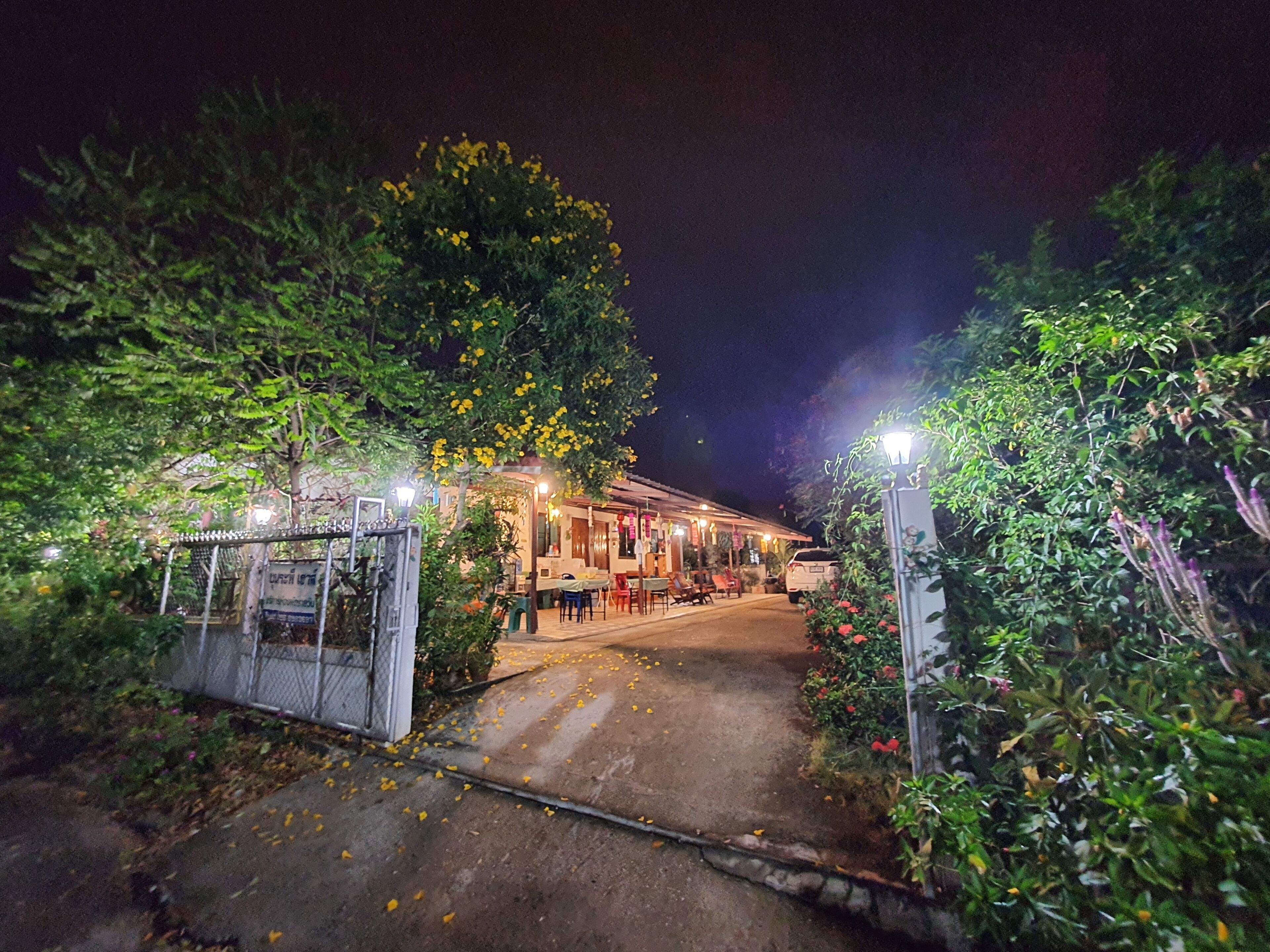A pathway leading to a building with outdoor seating, surrounded by greenery and illuminated by street lamps.