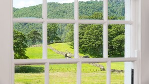 A view through a window with a white frame and decorative top, revealing a green landscape with trees and a stone wall.