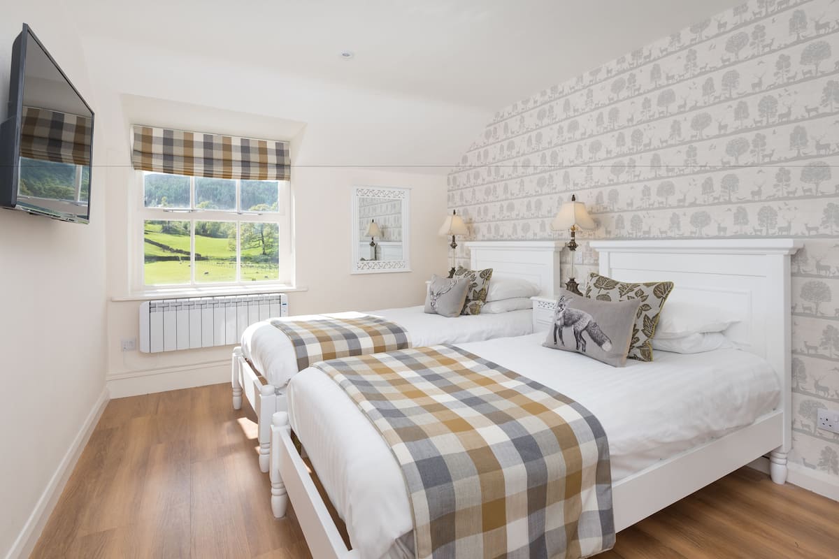 A bedroom with two beds, a window with a view of a green landscape, a radiator, a wall-mounted TV, and patterned wallpaper.