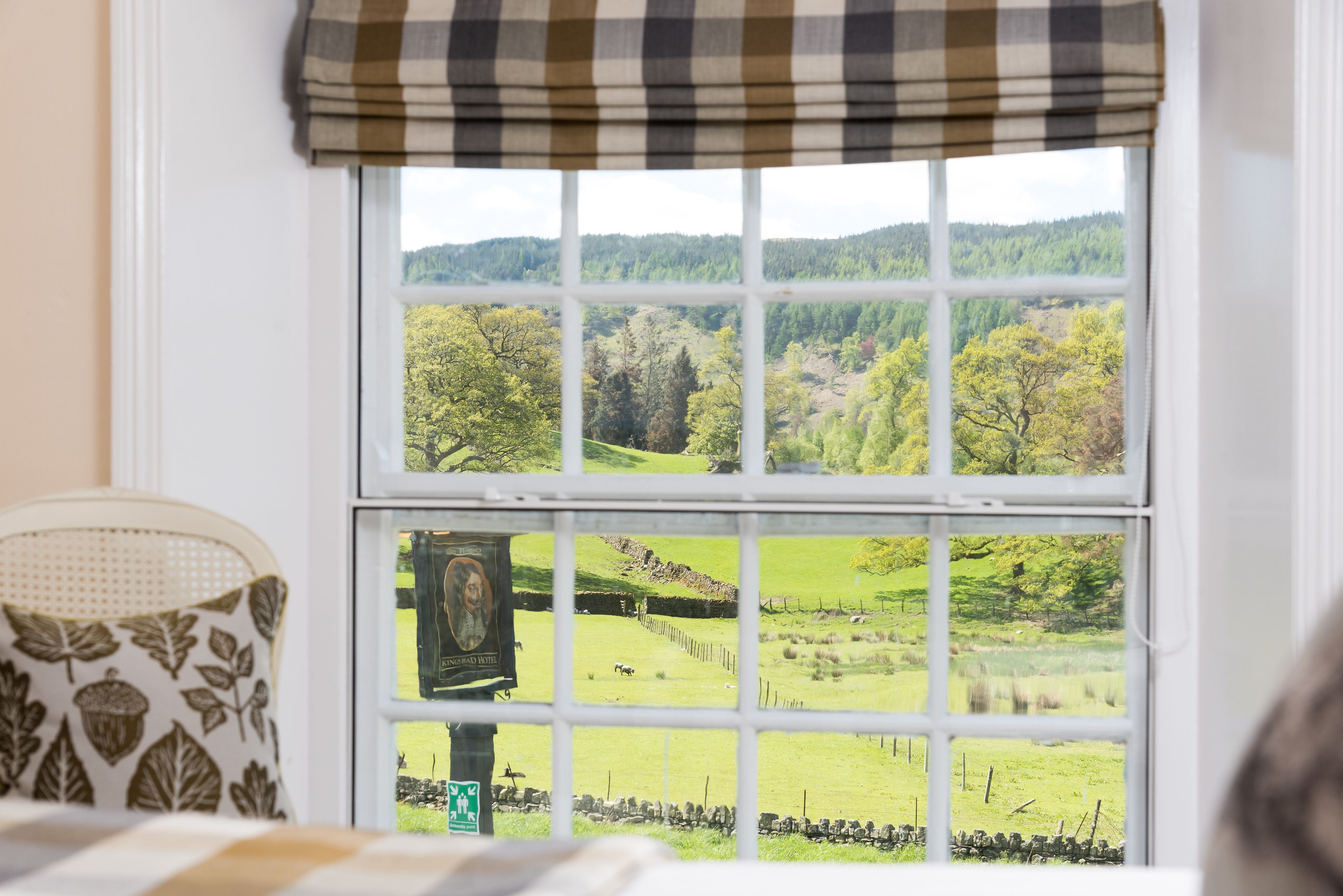 Una ventana con vista a un paisaje verde, un cojín estampado y un cuadro enmarcado.