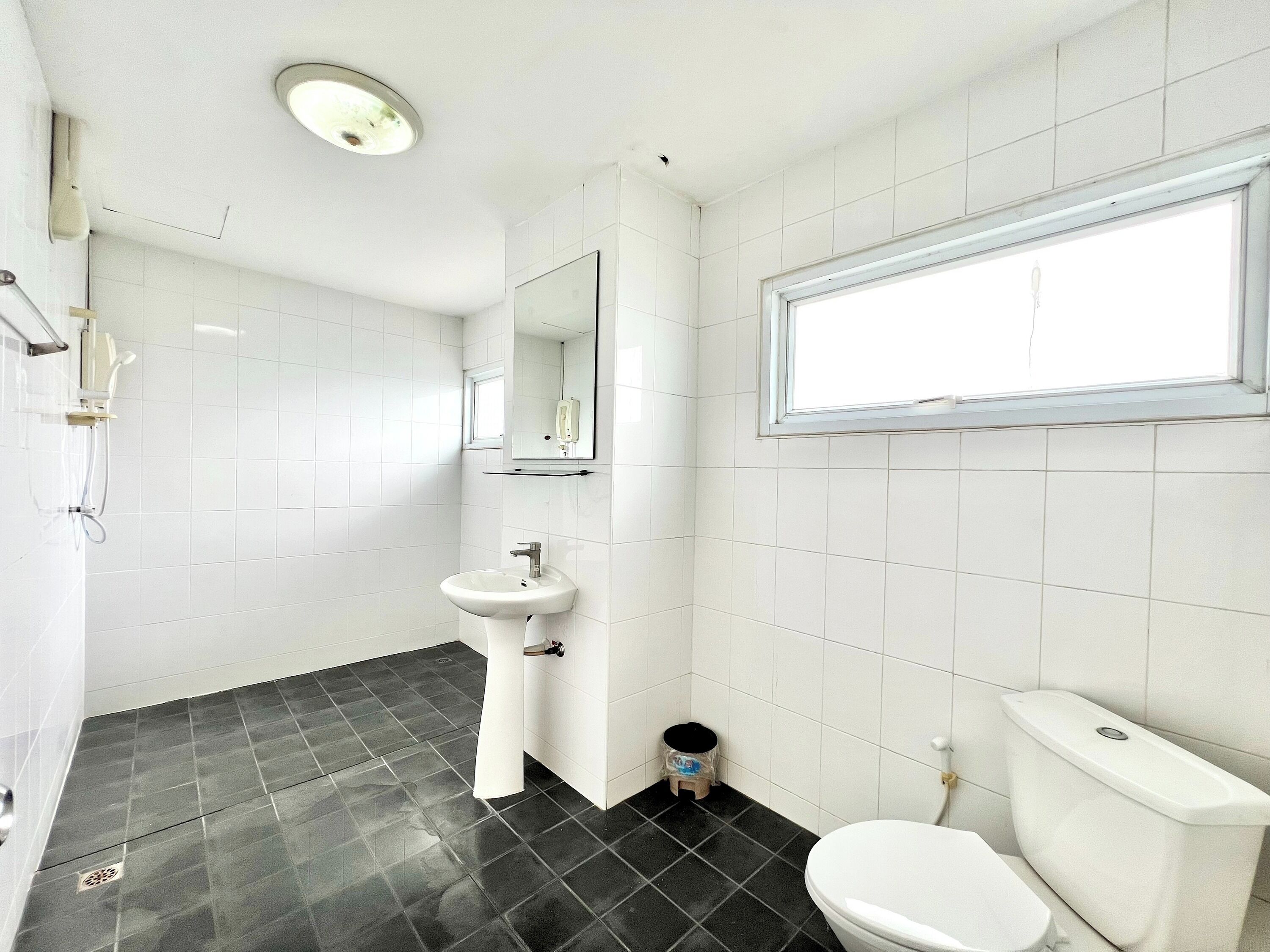 A bathroom with a white sink, a toilet, and a shower area.