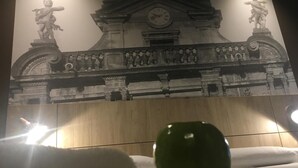 Una habitación con un ventanal grande, una cama con ropa blanca y un objeto verde sobre la cama.