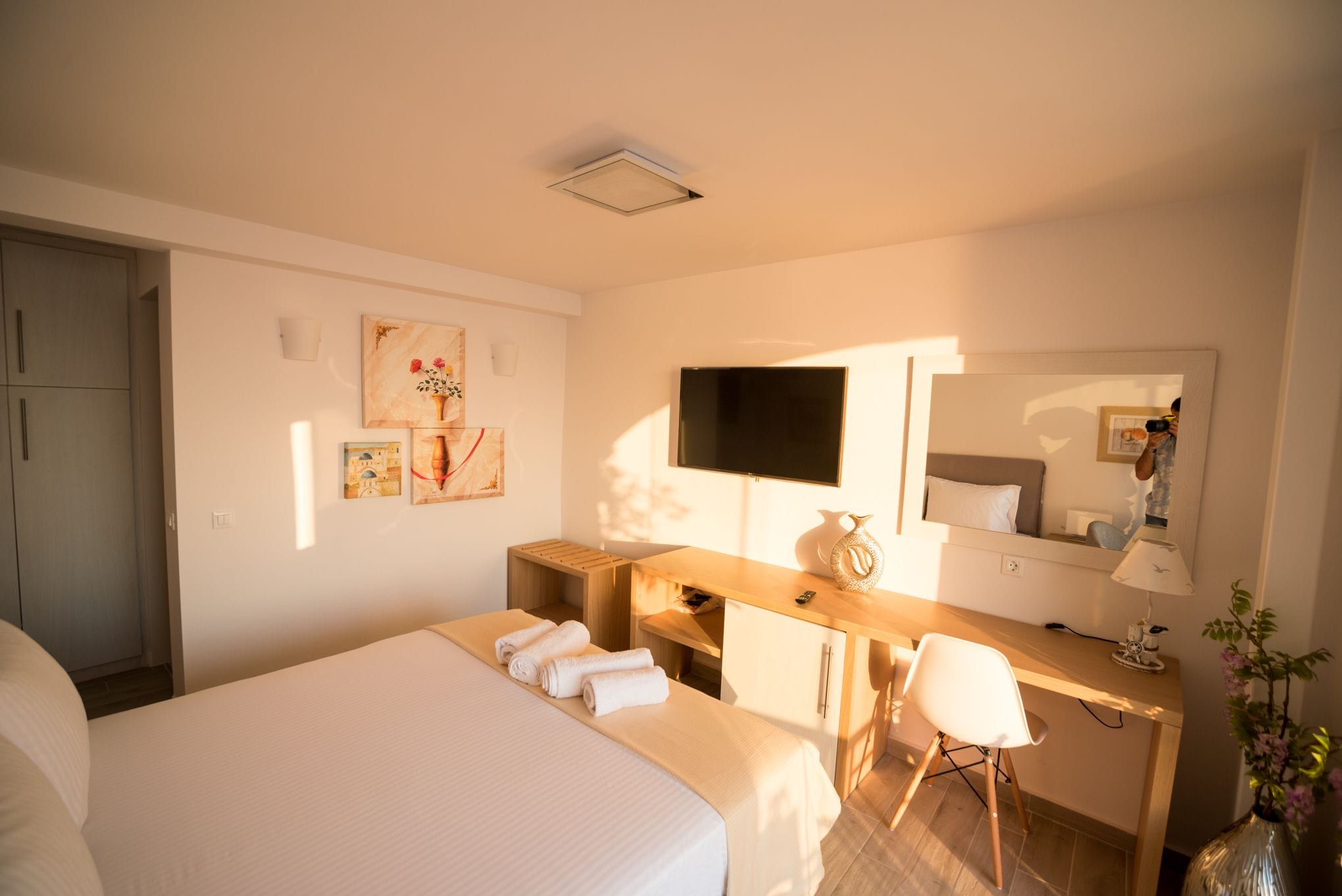 Quarto de hotel com uma cama grande, uma escrivaninha com cadeira, televisão de tela plana, espelho e uma pequena planta.