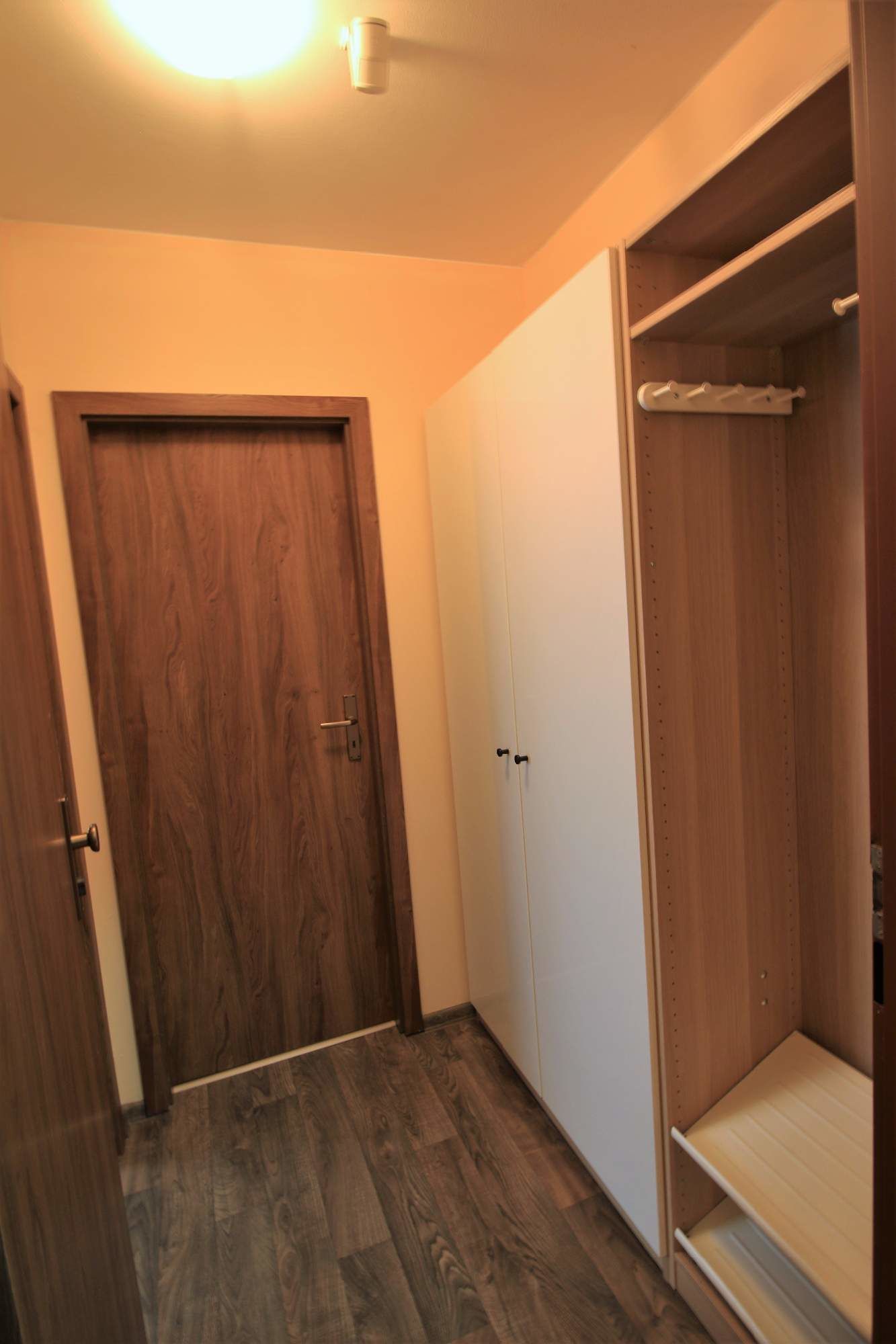 Un pasillo con una puerta de madera, un armario blanco y un estante de madera.