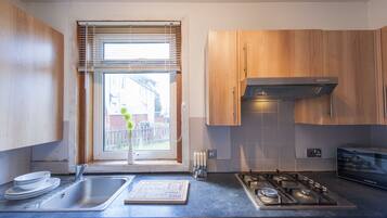 Family Apartment, 2 Bedrooms, Ground Floor | Private kitchen | Full-sized fridge, microwave, oven, stovetop