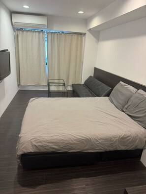 A bedroom with a bed, a sofa, a TV, and an air conditioning unit. - Taipei Breeze B&B (Taipei)