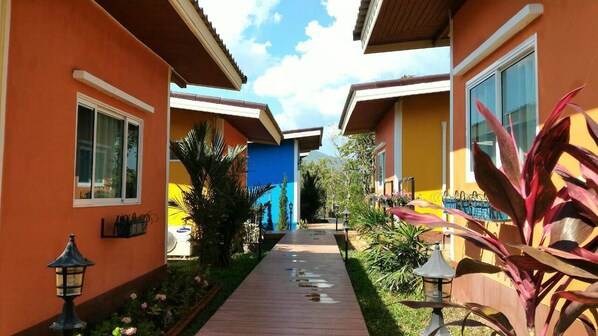 Un sendero conduce a un edificio con puerta azul, rodeado de follaje e iluminación exterior.