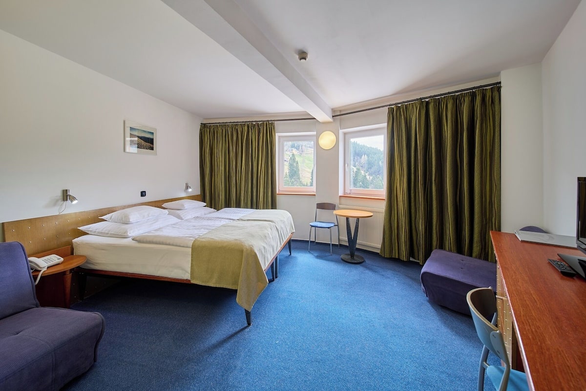 A hotel room with a bed, a desk, a chair, a small table, and a view of the outdoors.