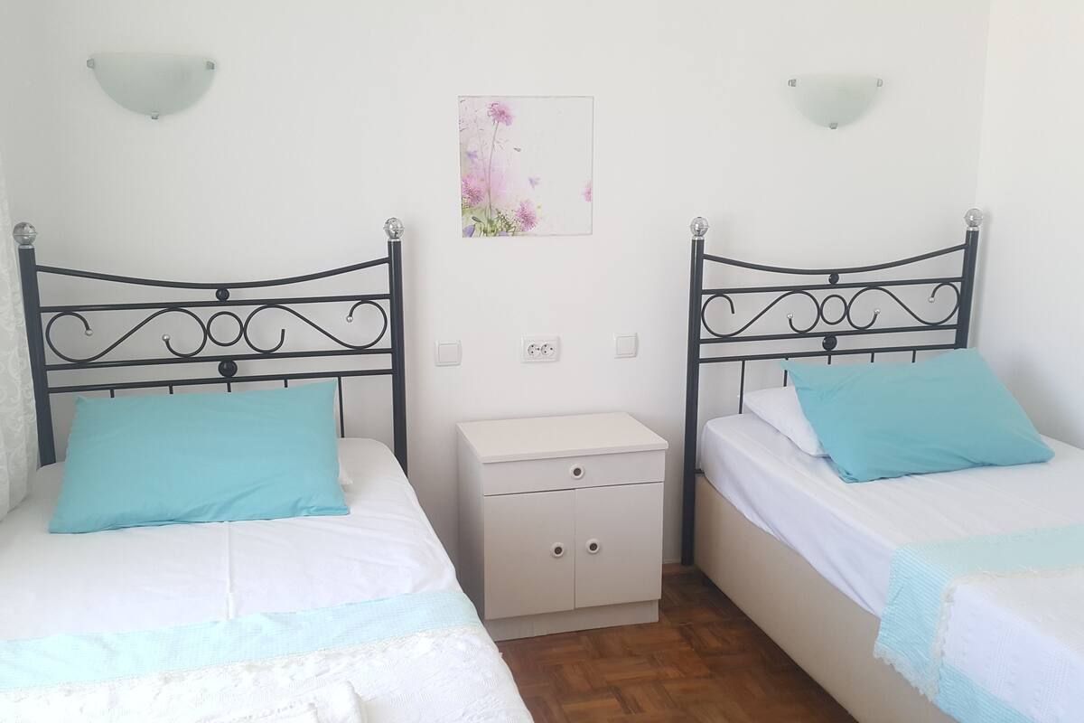 A room with two single beds, each with a white mattress and a teal pillow. There is a small bedside table with a drawer between the beds. The room has a white wall with a small floral artwork above the beds.