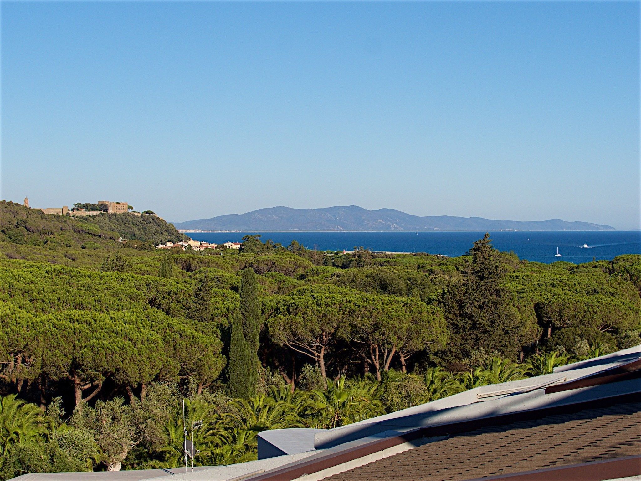 Eine Küstenlandschaft mit Blick auf das Meer, ein Hügel mit einem Gebäude und dichtem Grün.