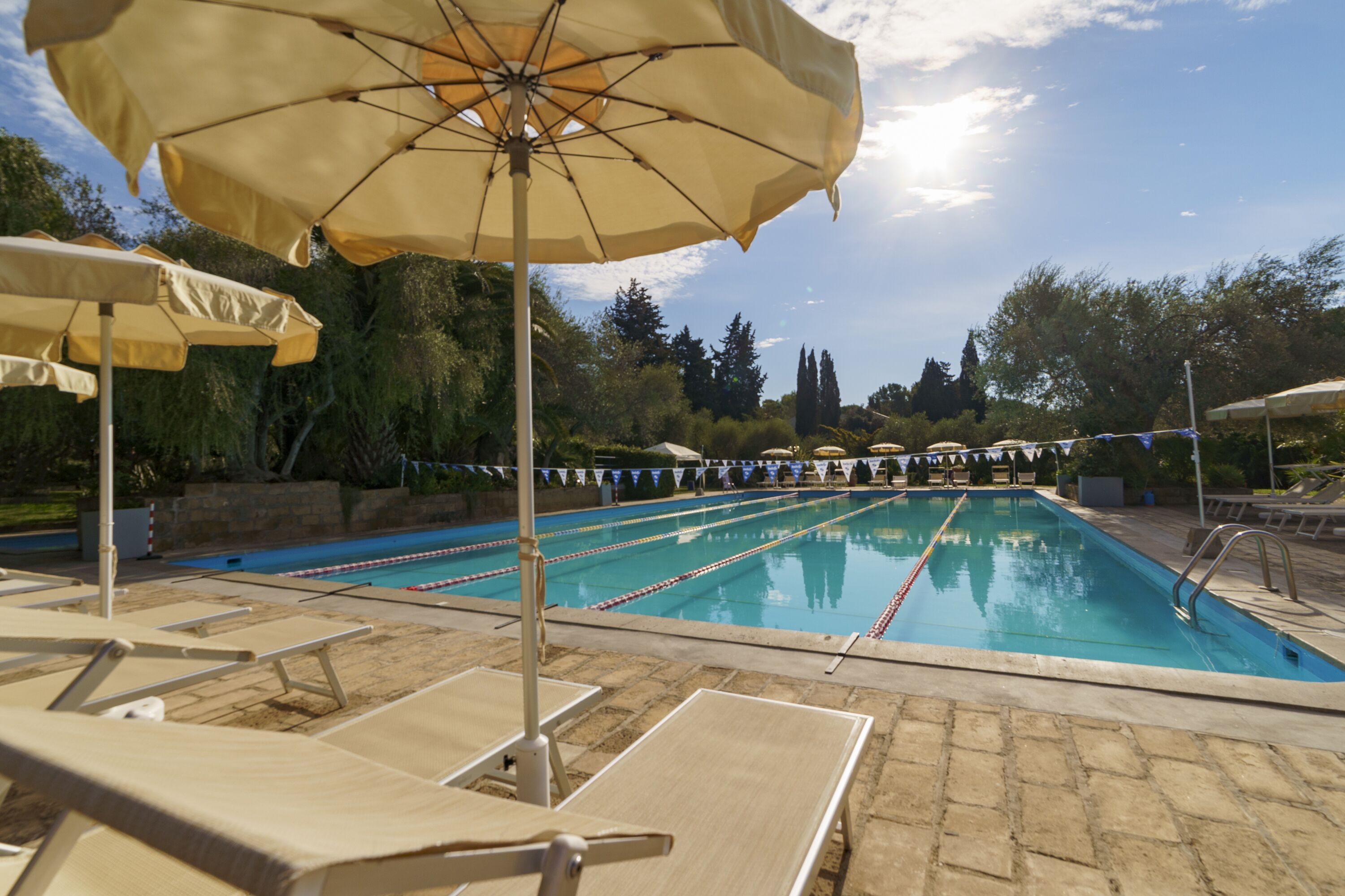 Ein Schwimmbecken mit Liegestühlen und Sonnenschirmen, umgeben von Bäumen und blauem Himmel.