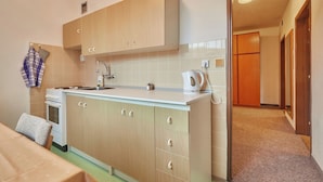 A compact kitchen with a sink, a kettle, and wooden cabinets. - Apartmány Firn (Pec pod Snezkou)