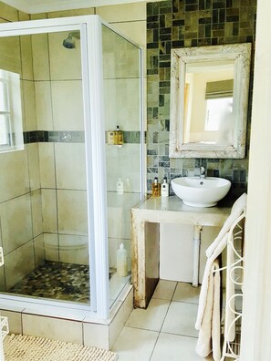 Shower, free toiletries, hair dryer, slippers