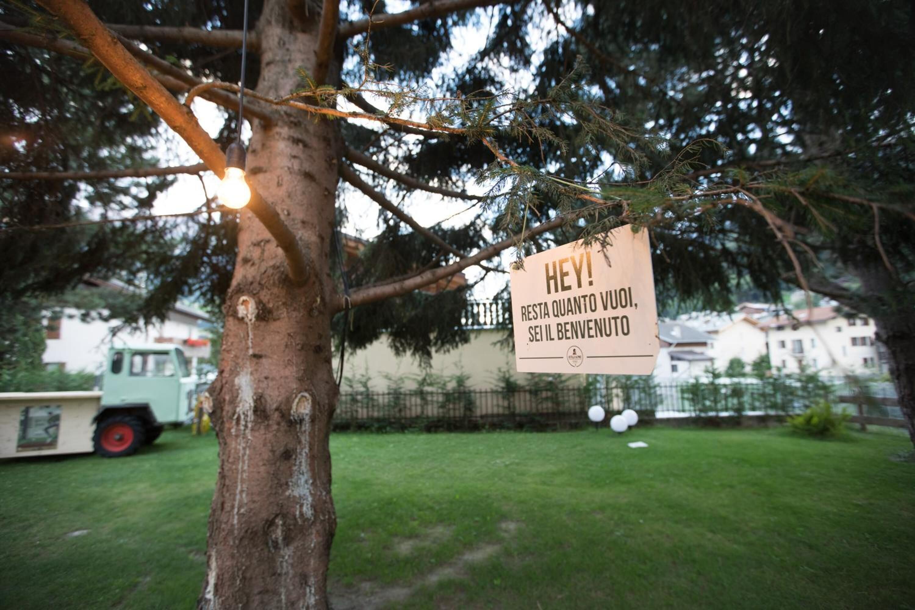 Un letrero en un árbol en una zona residencial, con césped y un vehículo estacionado al fondo.