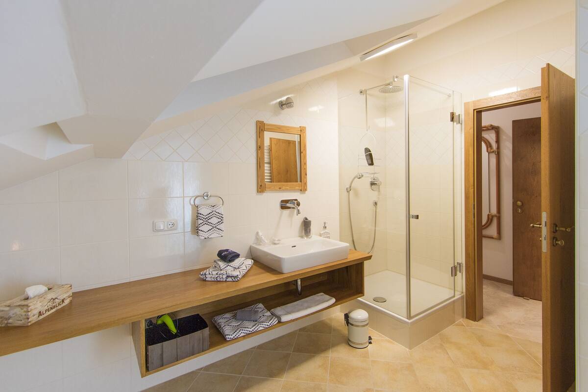 double room single use (mansarde) | bathroom | shower, hair dryer, towels