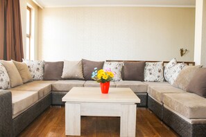 ดีลักซ์อพาร์ทเมนท์, 2 ห้องนอน, ปลอดบุหรี่, วิวเมือง | บริเวณนั่งเล่น | ทีวีจอแบน