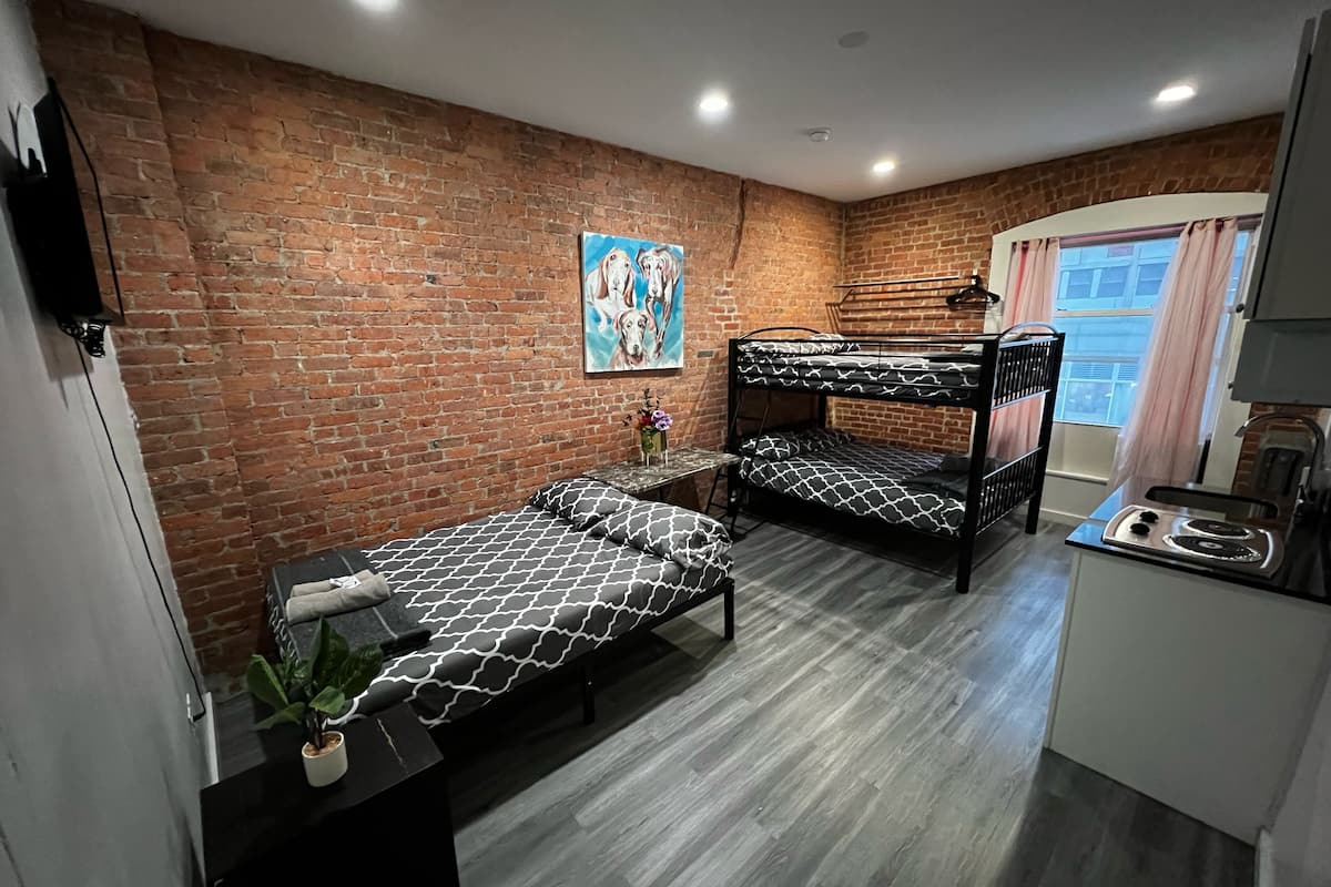 Habitación pequeña con pared de ladrillo, dos literas, una mesita con una planta, un cuadro y una kitchenette con estufa.