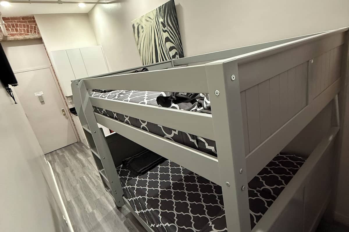 Una cama litera con un colchón estampado, un armario blanco y una obra de arte con diseño de cebra en la pared.