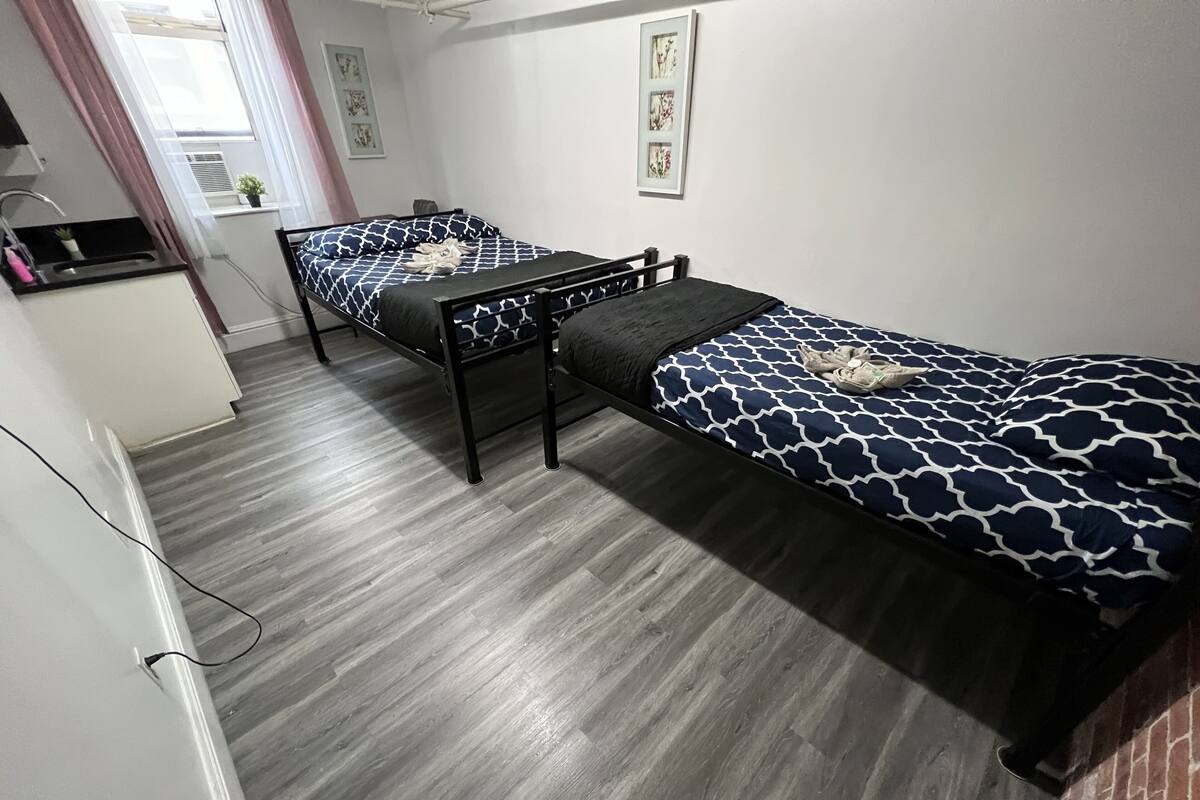 Un dormitorio con dos camas, una ventana con cortinas, un escritorio pequeño y una planta en maceta.