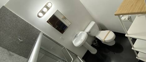 A modern bathroom with a toilet, sink, and a small mirror.