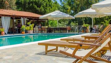 Alberca al aire libre, sombrillas en la alberca y camastros