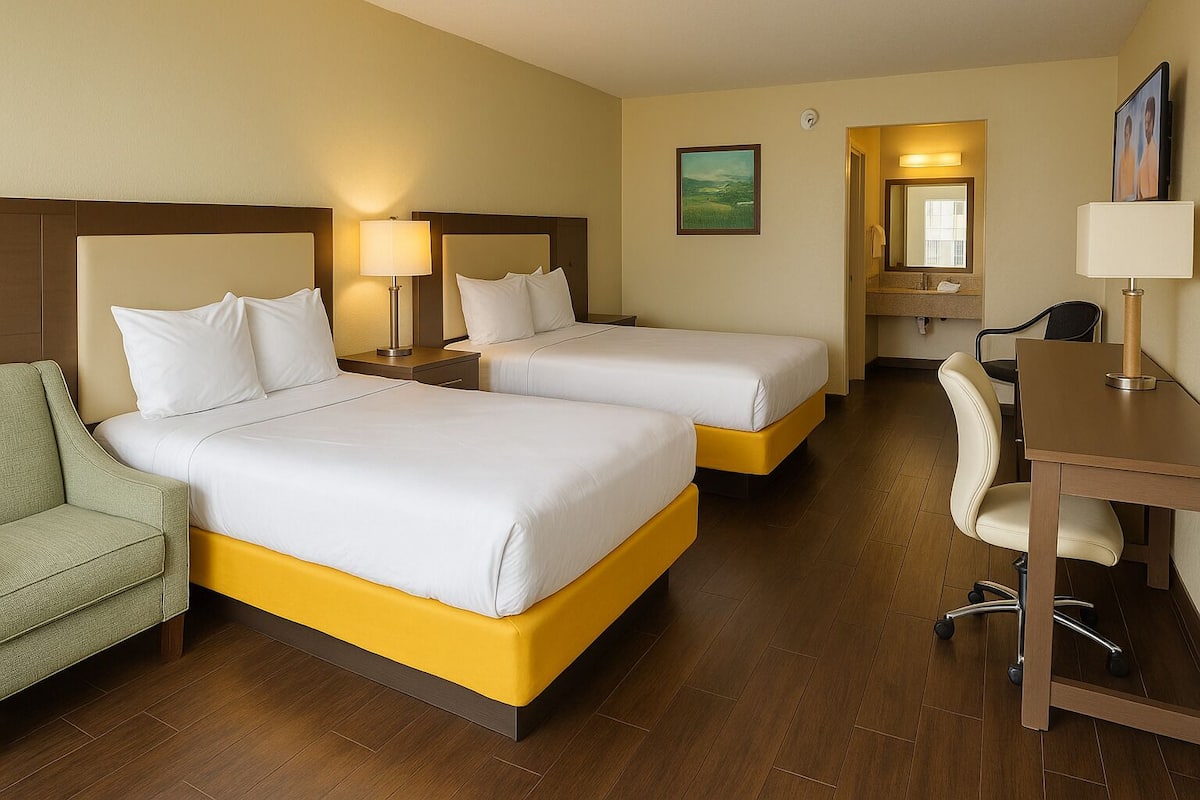 Une chambre d’hôtel avec deux lits, un bureau, une chaise et un petit canapé.