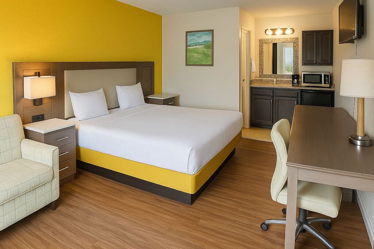 Une chambre d’hôtel équipée d’un lit, d’un bureau, d’une chaise, d’une table de chevet, d’une lampe, d’un four à micro-ondes et d’une télévision.