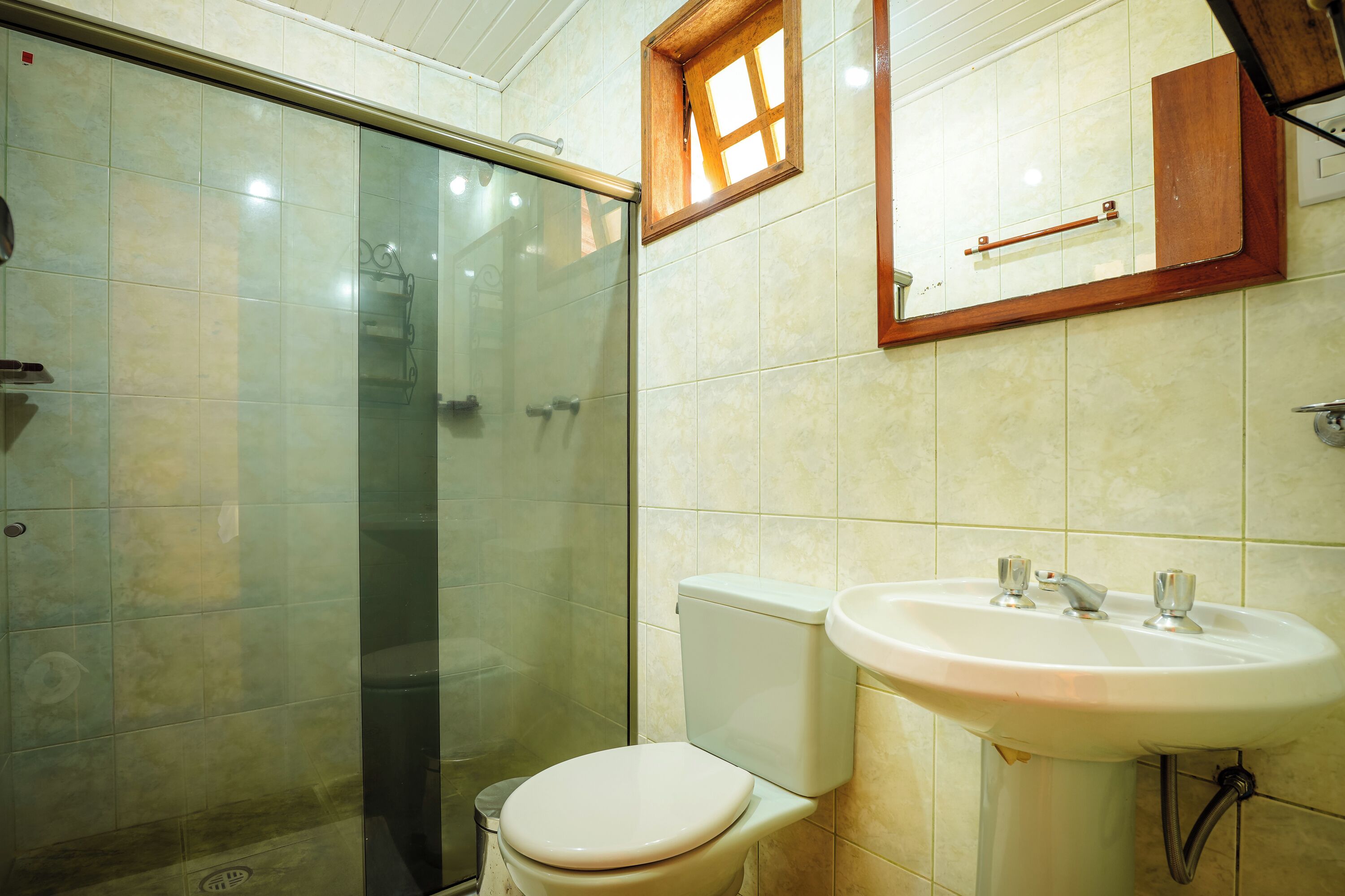 A bathroom with a glass-enclosed shower, a toilet, and a sink with a mirror above it.