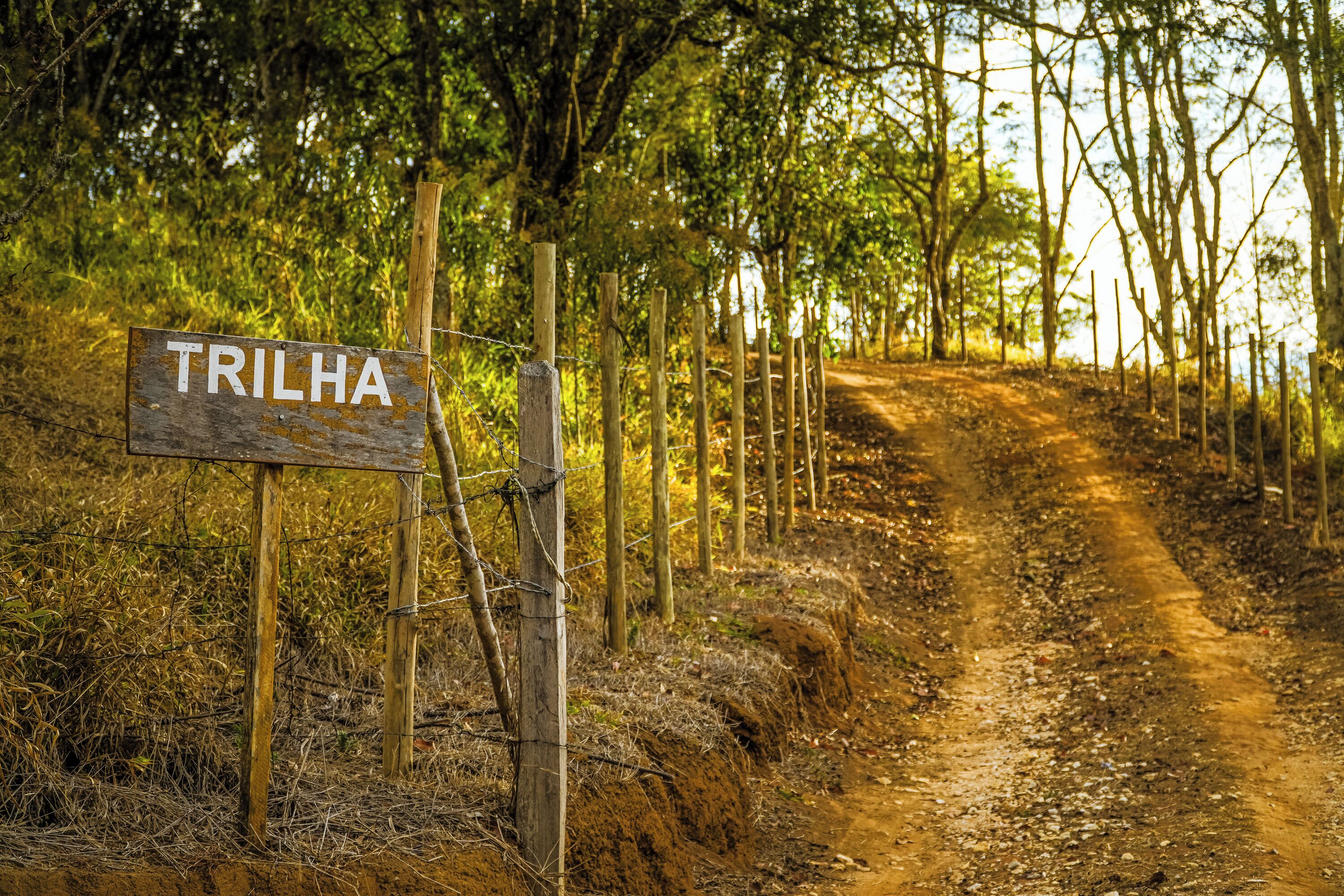 Un sendero de tierra con un letrero de madera que dice "TRILHA", rodeado de árboles.