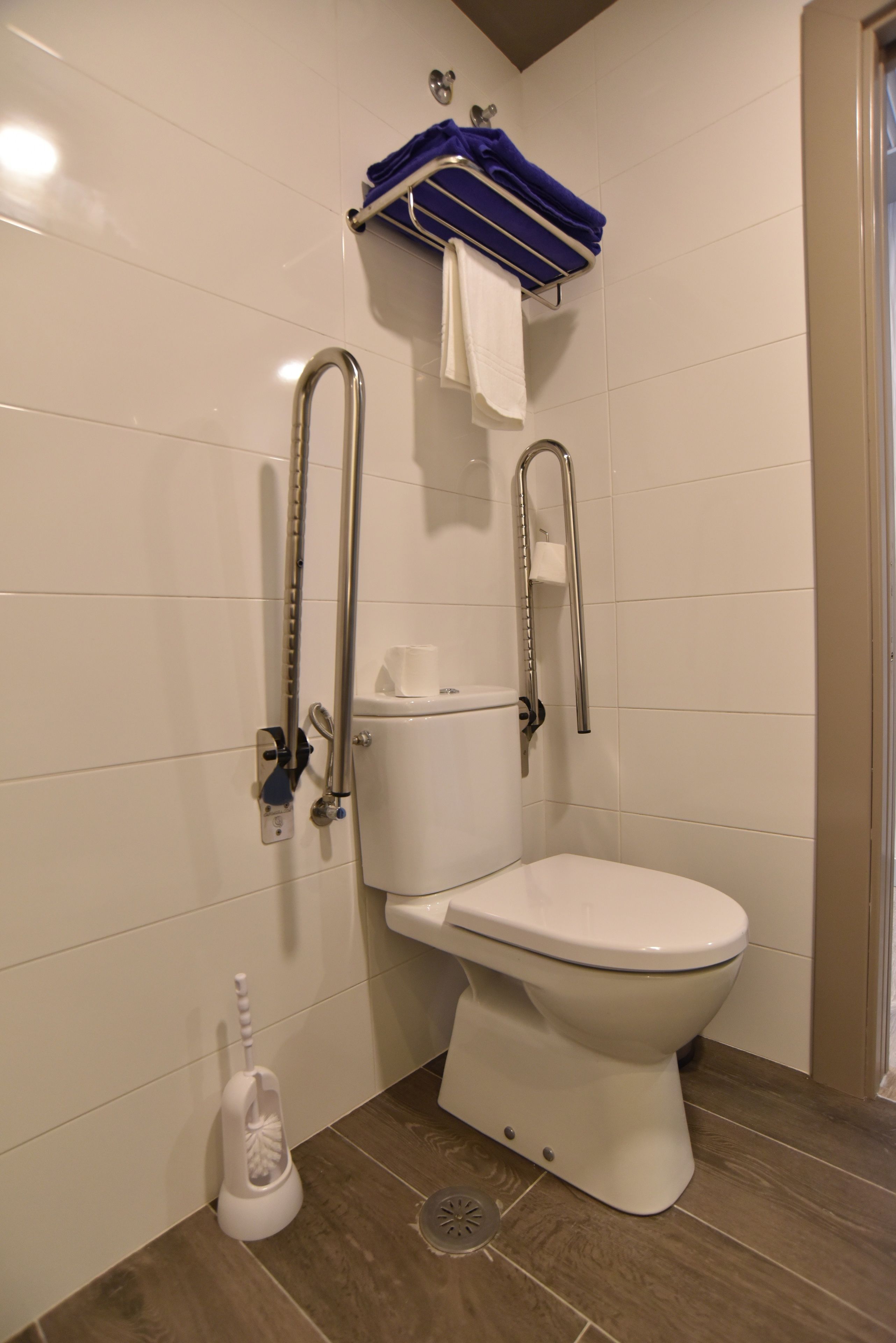 A bathroom with a toilet, grab bars, a towel rack, and a toilet brush.